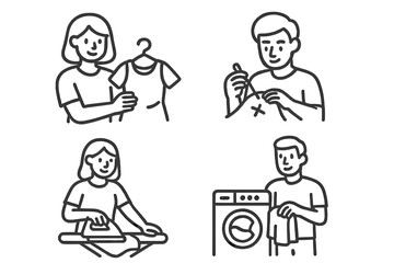 Washing, ironing, sewing, and folding laundry activities for clothing maintenance and care