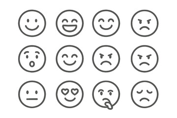 Fototapeta premium Collection of minimal outline emoji icons depicting diverse facial expressions and emotional states