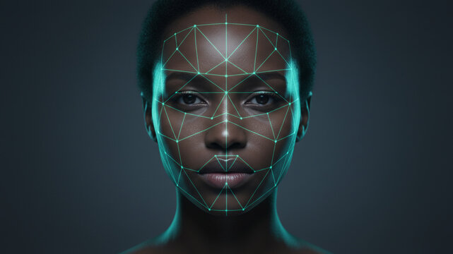Portrait of Model with Projected Laser Grid Map on Face, Facial Recognition Technology Concept - Powered by Adobe