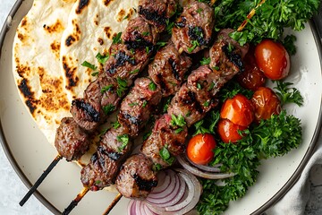 Grilled Lamb Skewers Served With Fresh Herbs high resolution picture