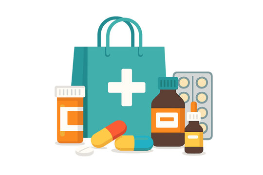 Assortment of pharmaceutical bottles, capsules, and blister packs arranged with a medical shopping bag
