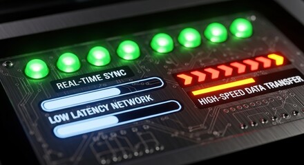 low latency network concept. Control panel with indicators for data transfer and network sync.