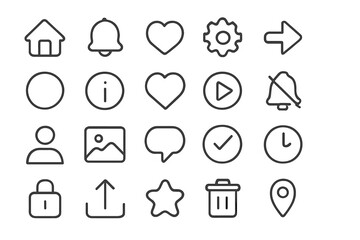 Essential outline icons set for UI design, web navigation, and social media symbols