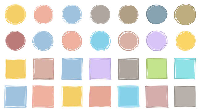 Set of hand drawn colored circles and squares