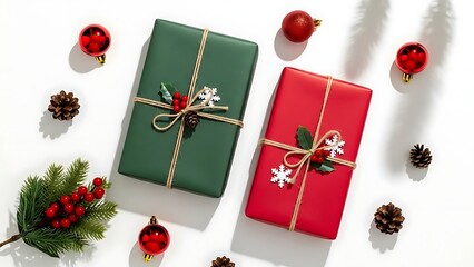 Festive christmas presents wrapped in vibrant green and red paper tied with twine and decorated with holly and snowflakes surrounded by pinecones and ornaments on a white background with soft shadows