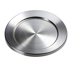 A close-up, high-contrast studio shot of a circular, brushed metal object against a black background.