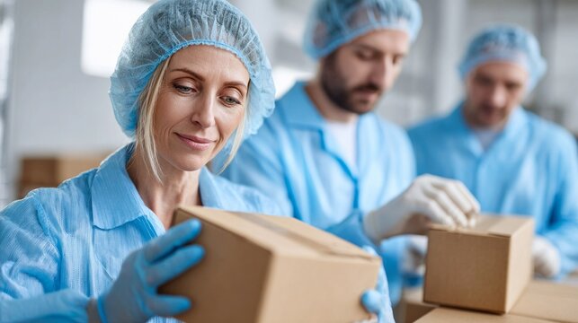 In a bright and organized warehouse, workers in blue uniforms and hairnets focus on packing boxes. They work diligently, demonstrating teamwork and attention to detail in their tasks