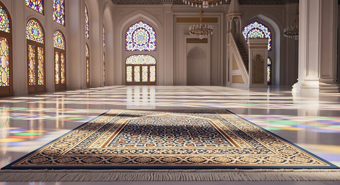 A serene mosque at dawn during Ramadan, with sunlight entering through colorful stained-glass windows, casting vibrant reflections across the prayer area.
