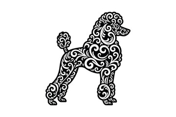 Black and white poodle illustration with intricate scrollwork and sophisticated filigree patterns, a beautiful artistic design