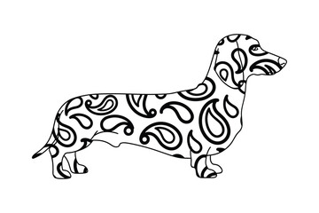 Black and white line art illustration of a dachshund dog with a decorative paisley pattern