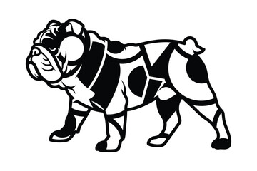 Abstract geometric pattern bulldog illustration, black and white design, standing pose