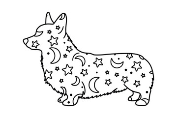 Cute corgi dog with celestial pattern of stars and moons, a charming outline illustration for coloring books or crafts
