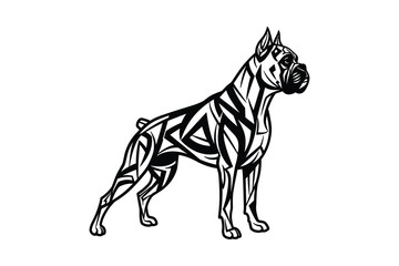 Artistic tribal pattern boxer dog illustration standing, black and white design