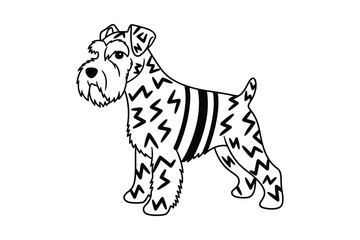 Black and white line art illustration of a cute terrier dog with a patterned coat, standing