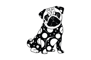 Cute black and white pug dog with polka dot pattern sitting