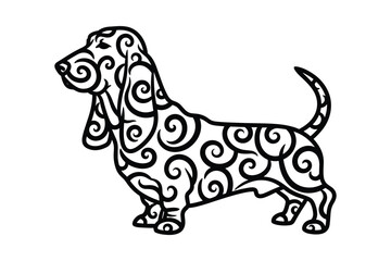 Decorative basset hound dog illustration with intricate swirling patterns, a unique artistic design