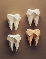Origami-style teeth crafted in warm tones, creating a creative and conceptual dental image ideal for oral health education, dental marketing, wellness content, 