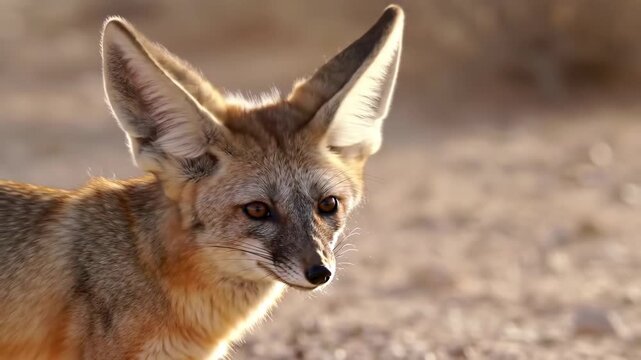 Alert Fennec fox in desert environment at sunset. Wildlife, nature, animal.