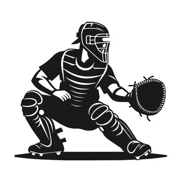 Black and white vector illustration of a baseball catcher in a ready stance.