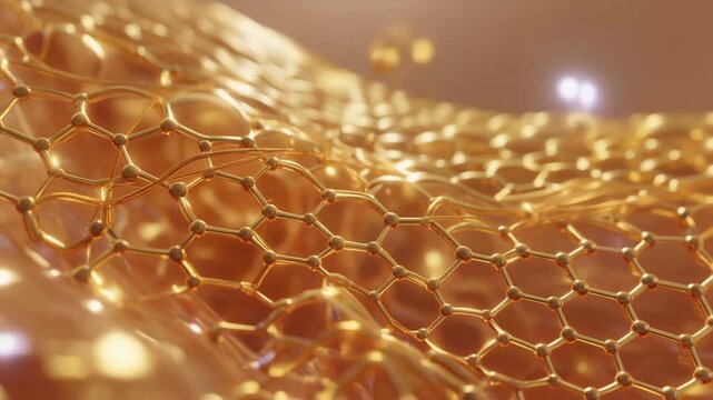 A futuristic concept of a flowing golden hexagonal lattice, representing advanced nanotechnology or a revolutionary cosmetic ingredient