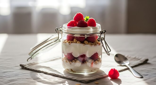 A charming breakfast setup featuring a rustic jar filled with creamy raspberry yogurt parfait, layered with granola and fresh raspberries on top, arranged on a delicate linen cloth.