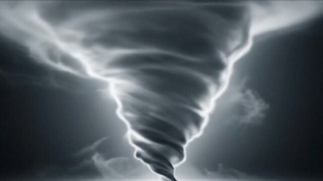 Dramatic monochrome tornado funnel cloud descending from a dark, stormy sky