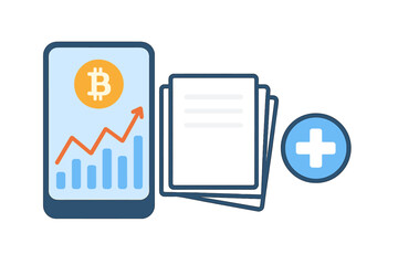Mobile device showing Bitcoin market chart beside stacked records and a plus sign for financial management
