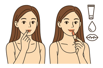 Woman applying lipstick and lip care routine steps with cosmetic icons on white background