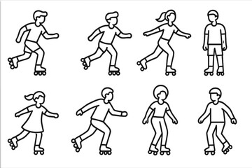 Set of diverse people enjoying recreational inline skating and rollerblading activity symbols