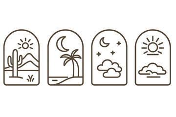 Obraz premium Collection of minimalist line art icons showing desert, tropical beach, and cloudy weather conditions
