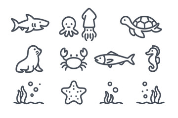 Naklejka premium Outline style marine animals and underwater life including shark, octopus, turtle, and crab