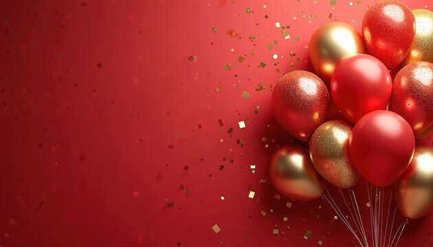 Red, gold balloons on festive background with golden confetti. Party celebration banner for birthday, anniversary holiday greeting. Decorative illustration template with copy space for text,