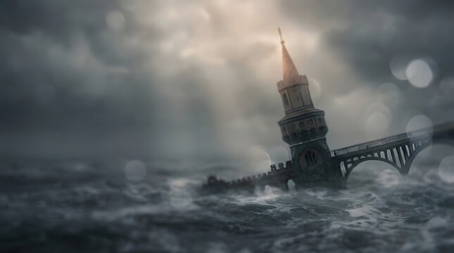 Submerged Tower in Stormy Waters
