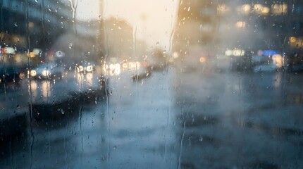 Rainy Day City View Through Window