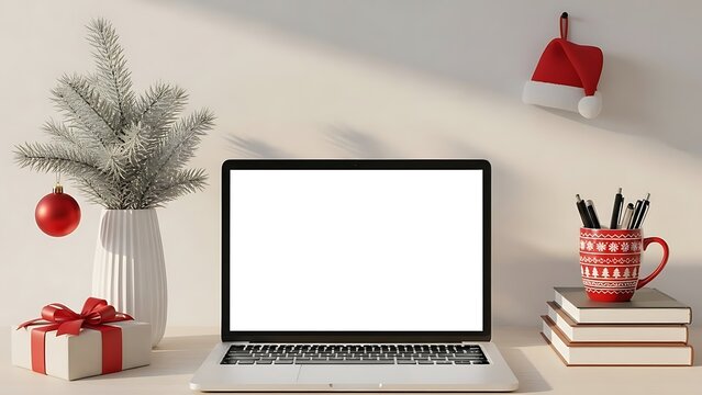 Cozy christmas workspace with a laptop festive decorations a gift box and a stack of books creating a warm and inviting holiday atmosphere for remote work or study - Powered by Adobe