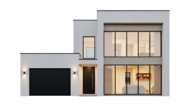 Modern two story house with garage and large windows transparent background cutout png - Powered by Adobe