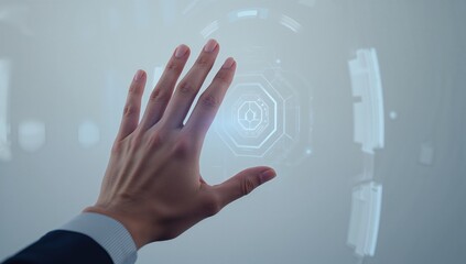 Futuristic technology interface controlled by human touch for innovative business solutions and modern digital transformation initiatives, cool tones