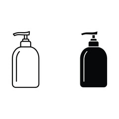 Two simple icons of liquid soap dispensers one outline one solid black