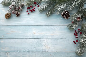 Festive winter holiday border of frosted pine branches with red berries and pinecones arranged on a light blue weathered wooden background with copy space