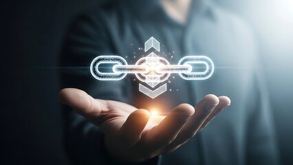 Businessman hand holding glowing digital blockchain link icon representing secure connection, data transfer, and decentralized network technology concept