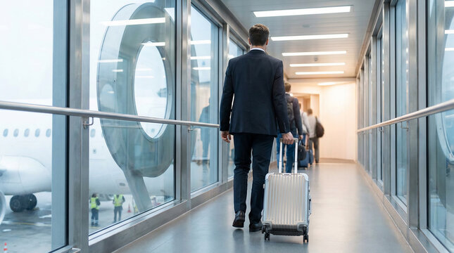 Businessman Walking Through a Bright Airport Jet Bridge with His Suitcase, Boarding an Airplane for a Flight