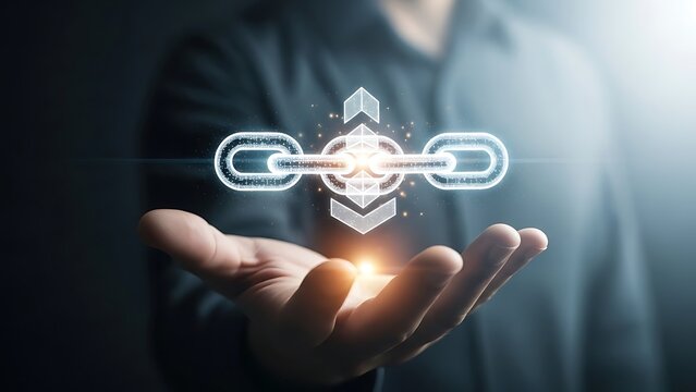 Businessman hand holding glowing digital blockchain link icon representing secure connection, data transfer, and decentralized network technology concept