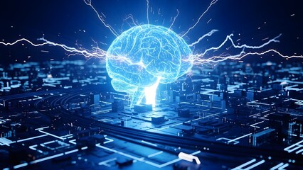 A glowing blue brain at the center of a futuristic digital circuit board, with electrical currents symbolizing advanced AI and computing power.