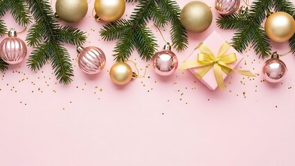 Festive christmas garland with golden and rose gold baubles and a ribbon tied gift box on a pale pink background with scattered confetti for a holiday celebration