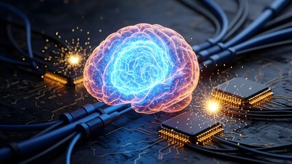 A glowing brain connected to circuits, representing artificial intelligence and technological advancements.