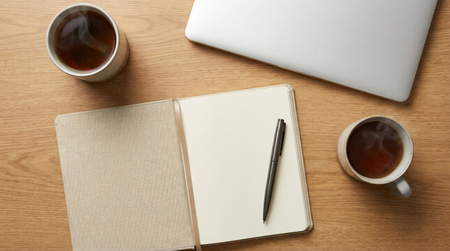 Flat Lay Workspace, an Open Notebook and Steaming Coffee Mugs on a Warm Wooden Desk, Perfect for a Productive Morning - Powered by Adobe