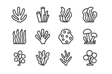 Fototapeta premium Detailed outline icons featuring various types of underwater marine plants and coral reef structures