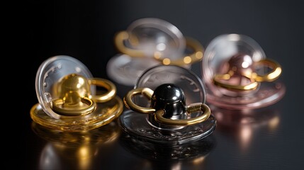 Elegant Collection of Stylish Baby Pacifiers in Various Colors and Materials with Gold Accents on Dark Background