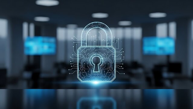 Digital padlock icon symbolizing cybersecurity and data protection glowing in a modern, blurred office environment with blue screens - Powered by Adobe
