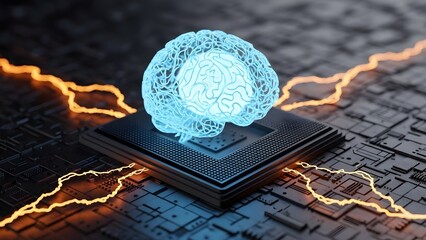 A glowing digital brain hovers above a computer processor, symbolizing artificial intelligence and advanced computing.